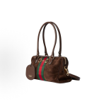 GUCCI Borsetto brand logo, golden metal Boston bag, shoulder bag, medium size for women, dark brown