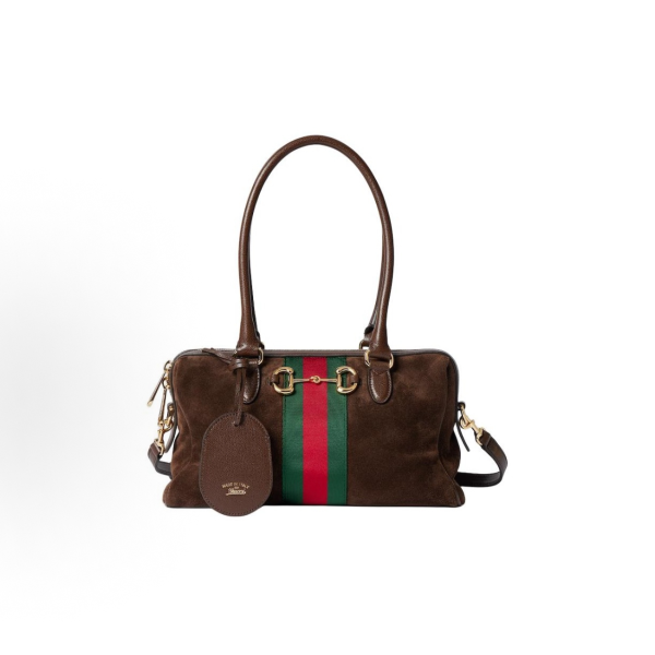 GUCCI Borsetto brand logo, golden metal Boston bag, shoulder bag, medium size for women, dark brown