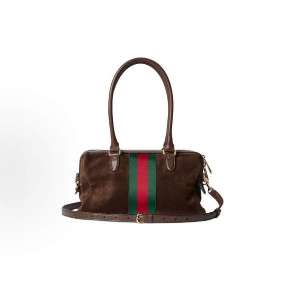 GUCCI Borsetto brand logo, golden metal Boston bag, shoulder bag, medium size for women, dark brown