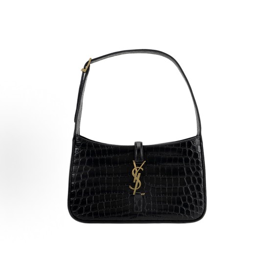 SAINT LAURENT YSL Le 5 A 7 Gold Logo, metal hook buckle opening and closing design, crocodile pattern embossed underarm bag, stray bag, shoulder bag, handbag, black