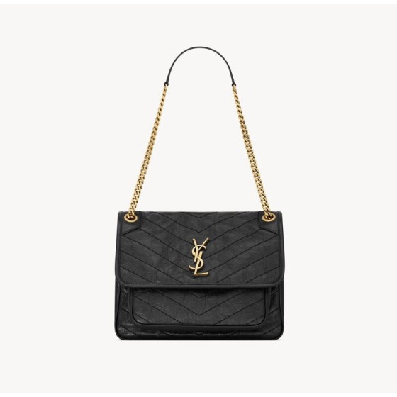 SAINT LAURENT YSL Niki V-shaped retro bronze decorative single-shoulder bag, medium size, black