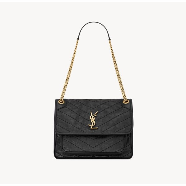 SAINT LAURENT YSL Niki V-shaped retro bronze decorative single-shoulder bag, medium size, black