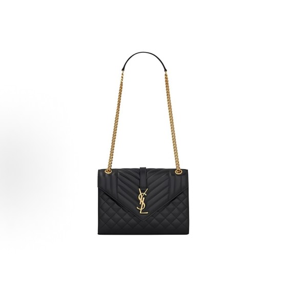 SAINT LAURENT YSL ENVELOPE Gold Logo diamond-quilted lambskin envelope bag crossbody single-shoulder bag black