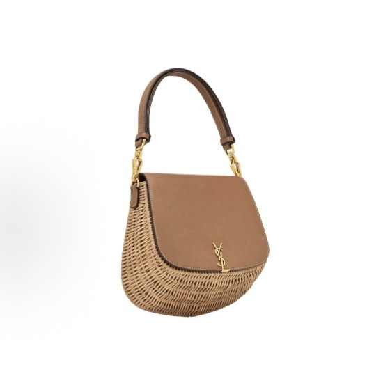 SAINT LAURENT VOLTAIRE Bronze decorative wicker handbag in natural color with brick red