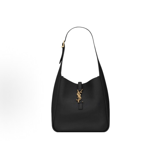 SAINT LAURENT YSL Le 5 A 7 Golden Logo hook buckle opening and closing Soft grain cowhide Hobo shoulder bag Small black