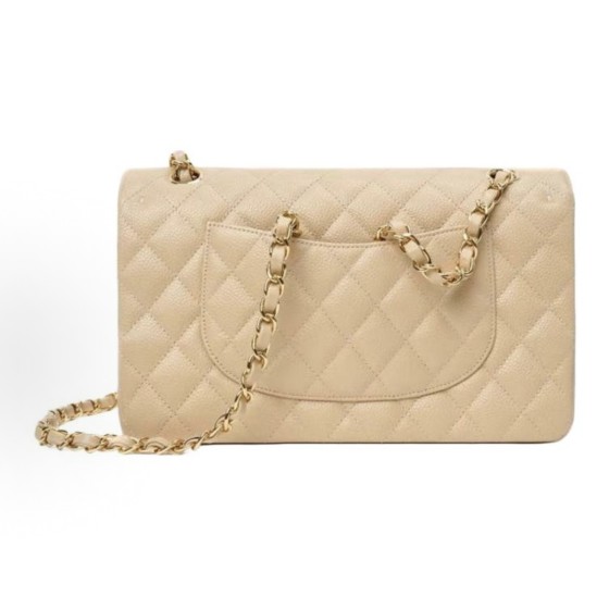 CHANEL Classic Flap CF chain leather interlocking diamond grainy calfskin crossbody shoulder bag medium size apricot color