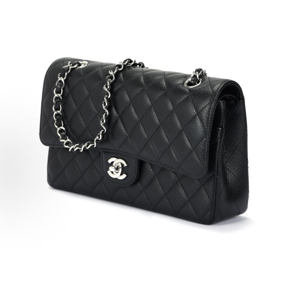 CHANEL Classic Flap CF Classic silver buckle diamond-shaped leather chain shoulder strap granular embossed cowhide mouth cover bag Crossbody bag Shoulder bag medium size black