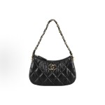 CHANEL 23K double C leather, chain diamond-shaped checkered underarm bag, Hobo, hand and shoulder bag, black
