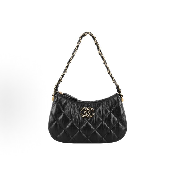CHANEL 23K double C leather, chain diamond-shaped checkered underarm bag, Hobo, hand and shoulder bag, black