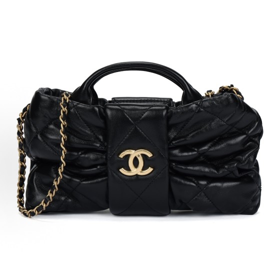 CHANEL 25K brand Logo bow bag, vintage gold chain handbag made of sheepskin, mini black