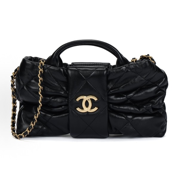 CHANEL 25K brand Logo bow bag, vintage gold chain handbag made of sheepskin, mini black