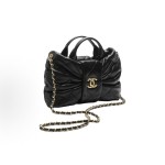 CHANEL 25K brand Logo bow bag, vintage gold chain handbag made of sheepskin, mini black