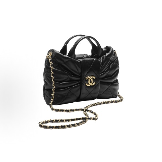 CHANEL 25K brand Logo bow bag, vintage gold chain handbag made of sheepskin, mini black