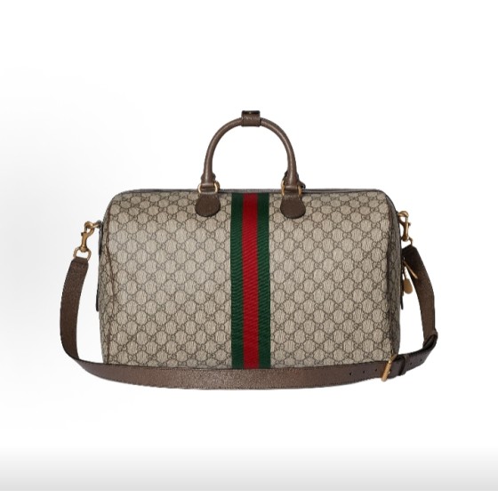 GUCCI古驰 Savoy 28L 字母交织图案 单肩斜挎手提旅行包 中号 男款 米色拼深棕色