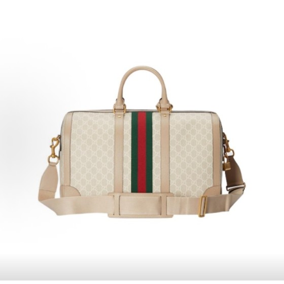 GUCCI古驰 Savoy 可调节可拆卸肩带 单肩斜挎手提包旅行包 男款 米白色拼酒红色