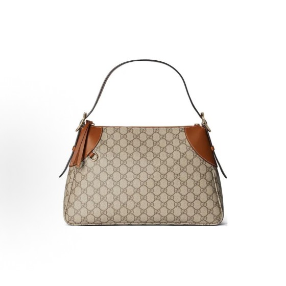 GUCCI Emblem adjustable shoulder strap with letter-patterned hand-held shoulder bag, medium size for women in beige and dark brown