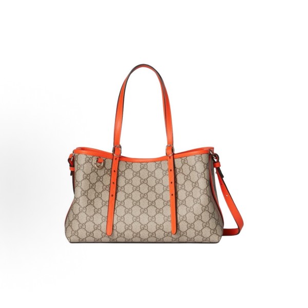 GUCCI GG Emblem orange trim, light gold hardware accessories, Tote bag, shopping bag, single-shoulder crossbody handbag, medium-sized women\'s style, beige and dark brown